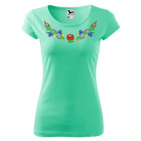   Hímzett, kalocsai mintás női, környakú menta zöld póló XS