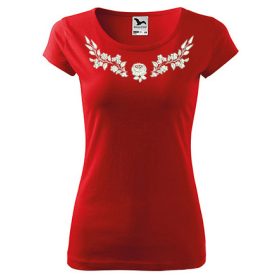 Hímzett, kalocsai mintás női, környakú piros póló XS
