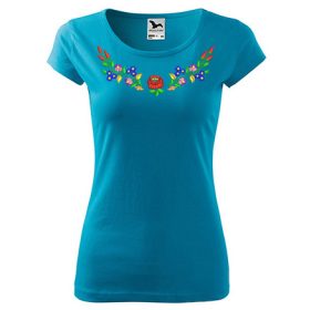 Hímzett, kalocsai mintás környakú türkizkék póló XS