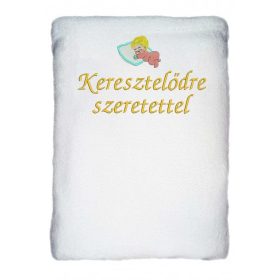   "Keresztelődre szeretettel" felirattal hímzett gyerek pléd + baba, fehér