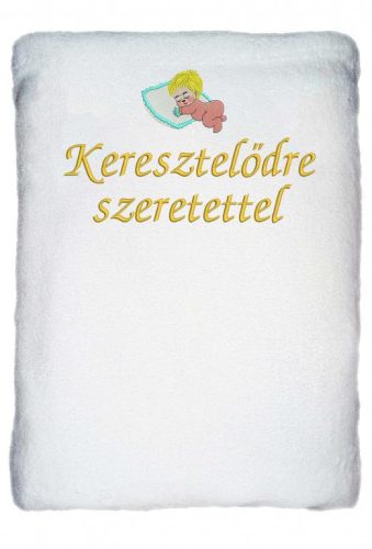 "Keresztelődre szeretettel" felirattal hímzett gyerek pléd + baba, fehér