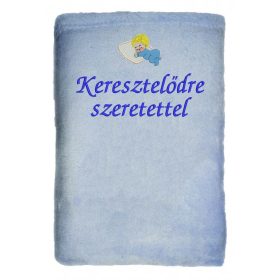   "Keresztelődre szeretettel" felirattal hímzett gyerek pléd + baba, világos kék