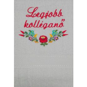   "Legjobb Kolléganő" felirattal + kalocsai mintával hímzett törölköző, fehér