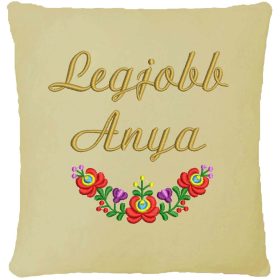   "Legjobb Anya" felirattal + matyó mintával hímzett párna, krém