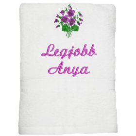   "Legjobb Anya" felirattal + ibolyával hímzett törölköző, fehér