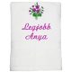 "Legjobb Anya" felirattal + ibolyával hímzett törölköző, fehér