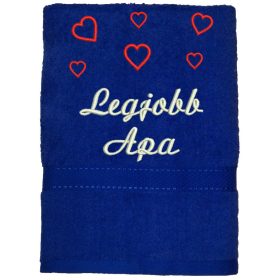   "Legjobb Apa" felirattal + szívekkel hímzett törölköző, királykék