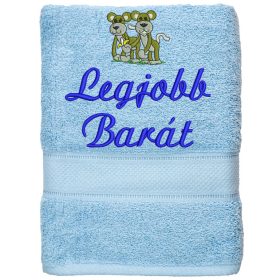 "Legjobb barát" felirattal + majmokkal hímzett törölköző, világoskék – hímzett ajándék törölköző barátnak