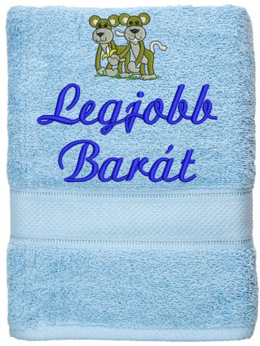 "Legjobb barát" felirattal + majmokkal hímzett törölköző, világoskék – hímzett ajándék törölköző barátnak