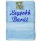 "Legjobb barát" felirattal + majmokkal hímzett törölköző, világoskék – hímzett ajándék törölköző barátnak