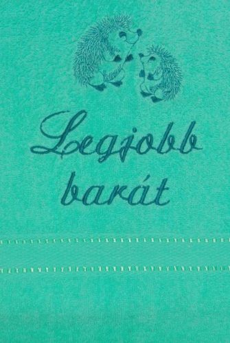 "Legjobb Barát" felirattal + sünikkel hímzett törölköző, benetton zöld – hímzett ajándék törölköző barátnak