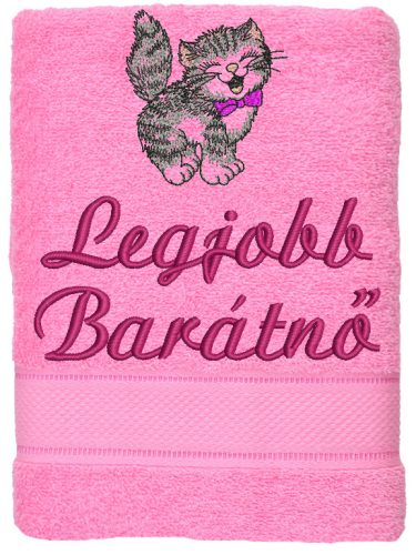 "Legjobb Barátnő" felirattal + cicával hímzett törölköző, rózsaszín