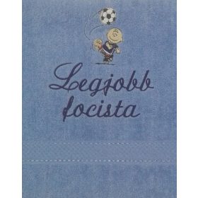 "Legjobb focista" felirattal + focis fiúval hímzett törölköző, acélkék – hímzett ajándék törölköző