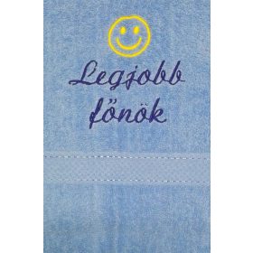   "Legjobb főnök" felirattal + smile-val hímzett törölköző, acélkék