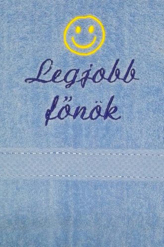 "Legjobb főnök" felirattal + smile-val hímzett törölköző, acélkék