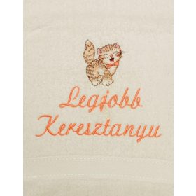"Legjobb keresztanyu" felirattal + cicával hímzett törölköző, krém – hímzett ajándék törölköző