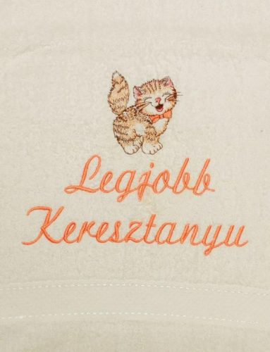 "Legjobb keresztanyu" felirattal + cicával hímzett törölköző, krém