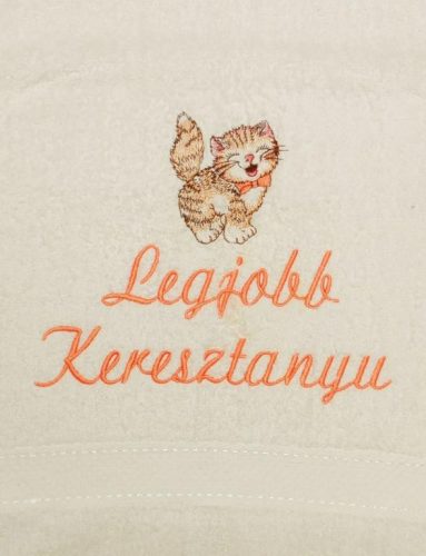 "Legjobb keresztanyu" felirattal + cicával hímzett törölköző, krém – hímzett ajándék törölköző