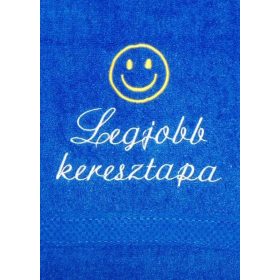 "Legjobb keresztapa" felirattal + smile-val hímzett törölköző, királykék – hímzett ajándék törölköző