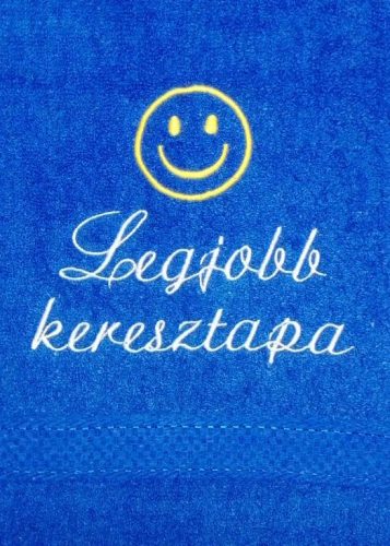 "Legjobb keresztapa" felirattal + smile-val hímzett törölköző, királykék – hímzett ajándék törölköző