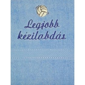 "Legjobb kézilabdás" felirattal + kézilabdával hímzett törölköző, acélkék – hímzett ajándék törölköző