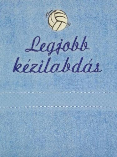 "Legjobb kézilabdás" felirattal + kézilabdával hímzett törölköző, acélkék – hímzett ajándék törölköző