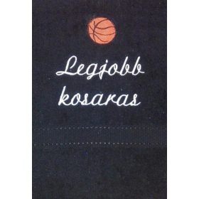 "Legjobb kosaras" felirattal + kosárlabdával hímzett törölköző, fekete – hímzett ajándék törölköző