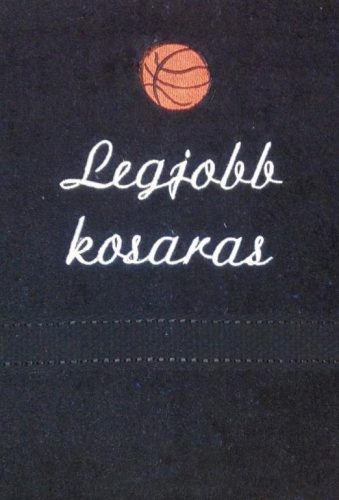 "Legjobb kosaras" felirattal + kosárlabdával hímzett törölköző, fekete