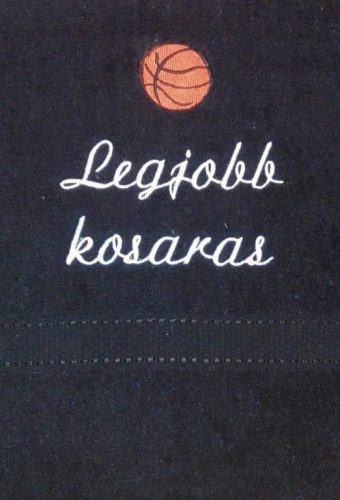 "Legjobb kosaras" felirattal + kosárlabdával hímzett törölköző, fekete – hímzett ajándék törölköző