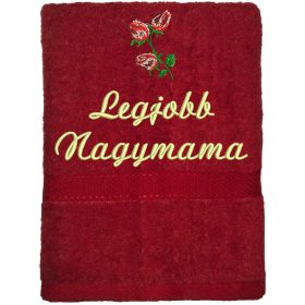   "Legjobb nagymama" felirattal + rózsával hímzett törölköző, bordó