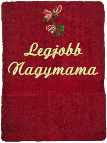 "Legjobb nagymama" felirattal + rózsával hímzett törölköző, bordó