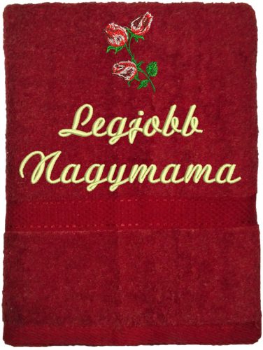 "Legjobb nagymama" felirattal + rózsával hímzett törölköző, bordó – hímzett ajándék törölköző nagymamának