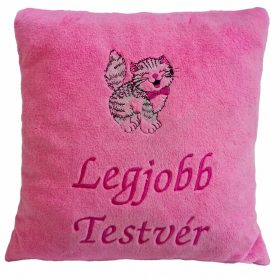 "Legjobb Testvér" felirattal + cicával hímzett párna, rózsaszín – hímzett ajándék párna testvérnek