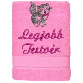   "Legjobb testvér" felirattal + cicával hímzett törölköző, rózsaszín