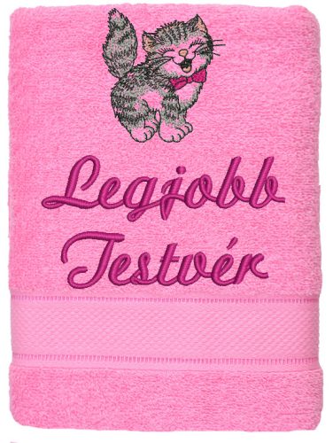 "Legjobb testvér" felirattal + cicával hímzett törölköző, rózsaszín – hímzett ajándék törölköző testvérnek