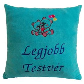   "Legjobb Testvér" felirattal + ölelő macikkal hímzett párna, világos türkiz