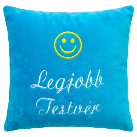 "Legjobb Testvér" felirattal + smile-val hímzett párna, türkizkék – hímzett ajándék párna testvérnek