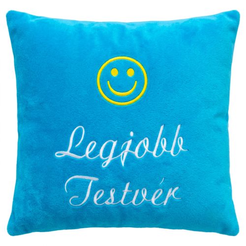 "Legjobb Testvér" felirattal + smile-val hímzett párna, türkizkék – hímzett ajándék párna testvérnek