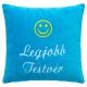 "Legjobb Testvér" felirattal + smile-val hímzett párna, türkizkék – hímzett ajándék párna testvérnek