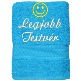 "Legjobb testvér" felirattal + smile-val hímzett törölköző, türkizkék – hímzett ajándék törölköző testvérnek