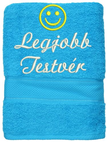 "Legjobb testvér" felirattal + smile-val hímzett törölköző, türkizkék – hímzett ajándék törölköző testvérnek