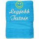 "Legjobb testvér" felirattal + smile-val hímzett törölköző, türkizkék – hímzett ajándék törölköző testvérnek