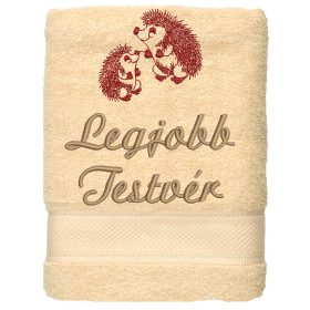 "Legjobb testvér" felirattal + sünikkel hímzett törölköző, krém – hímzett ajándék törölköző testvérnek
