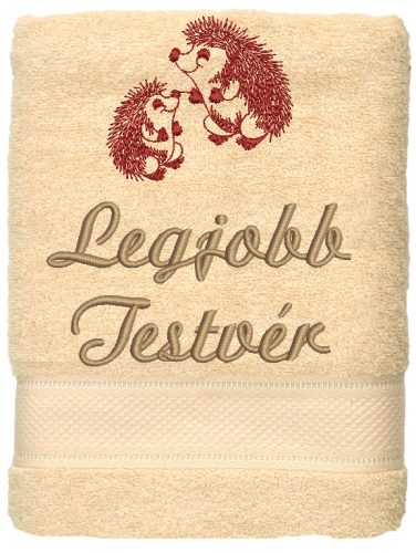 "Legjobb testvér" felirattal + sünikkel hímzett törölköző, krém – hímzett ajándék törölköző testvérnek