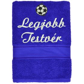 "Legjobb testvér" felirattal + focilabdával hímzett törölköző, királykék – hímzett ajándék törölköző testvérnek