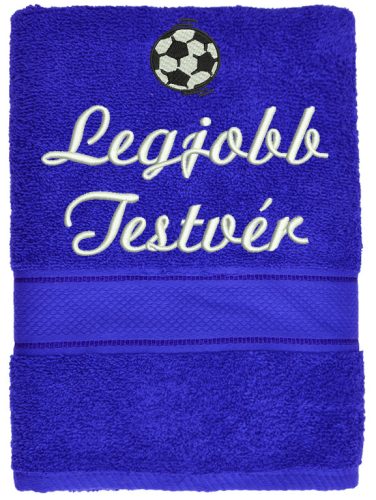 "Legjobb testvér" felirattal + focilabdával hímzett törölköző, királykék – hímzett ajándék törölköző testvérnek