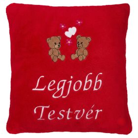 "Legjobb Testvér" felirattal + macikkal hímzett párna, piros – hímzett ajándék párna testvérnek