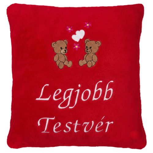 "Legjobb Testvér" felirattal + macikkal hímzett párna, piros – hímzett ajándék párna testvérnek