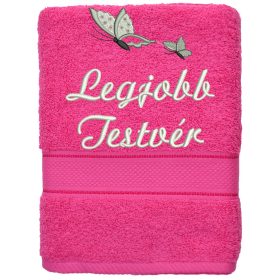 "Legjobb testvér" felirattal + pillangókkal hímzett törölköző, pink – hímzett ajándék törölköző testvérnek
