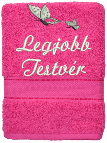 "Legjobb testvér" felirattal + pillangókkal hímzett törölköző, pink – hímzett ajándék törölköző testvérnek